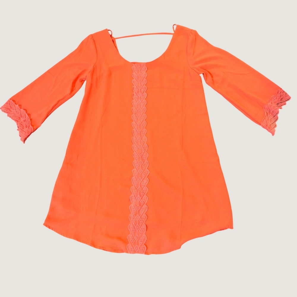 ASTR Crochet Lace Back Shift Dress S Mini Long Sleeve Chiffon Neon Orange Boho